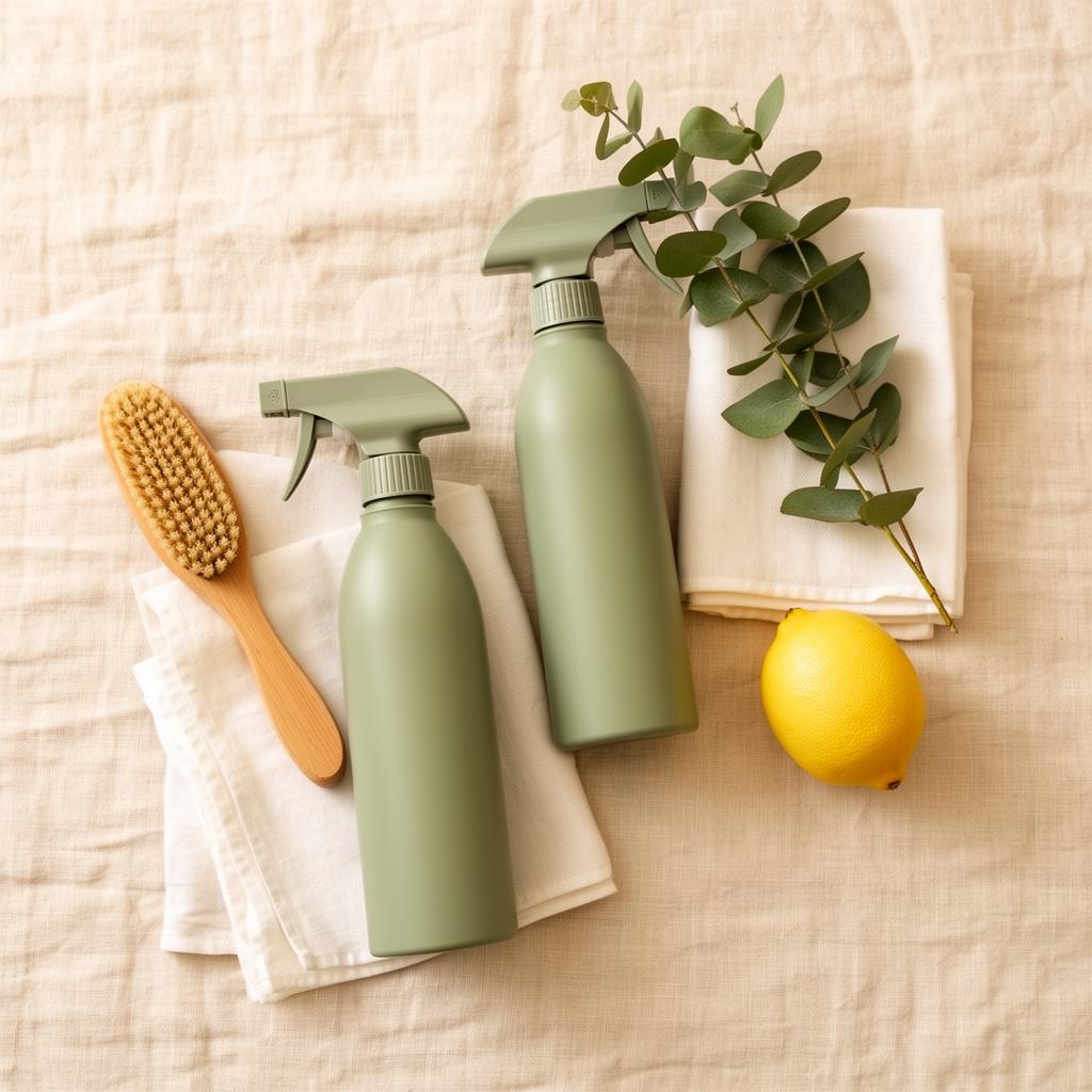 Cleaning supplies flat lay